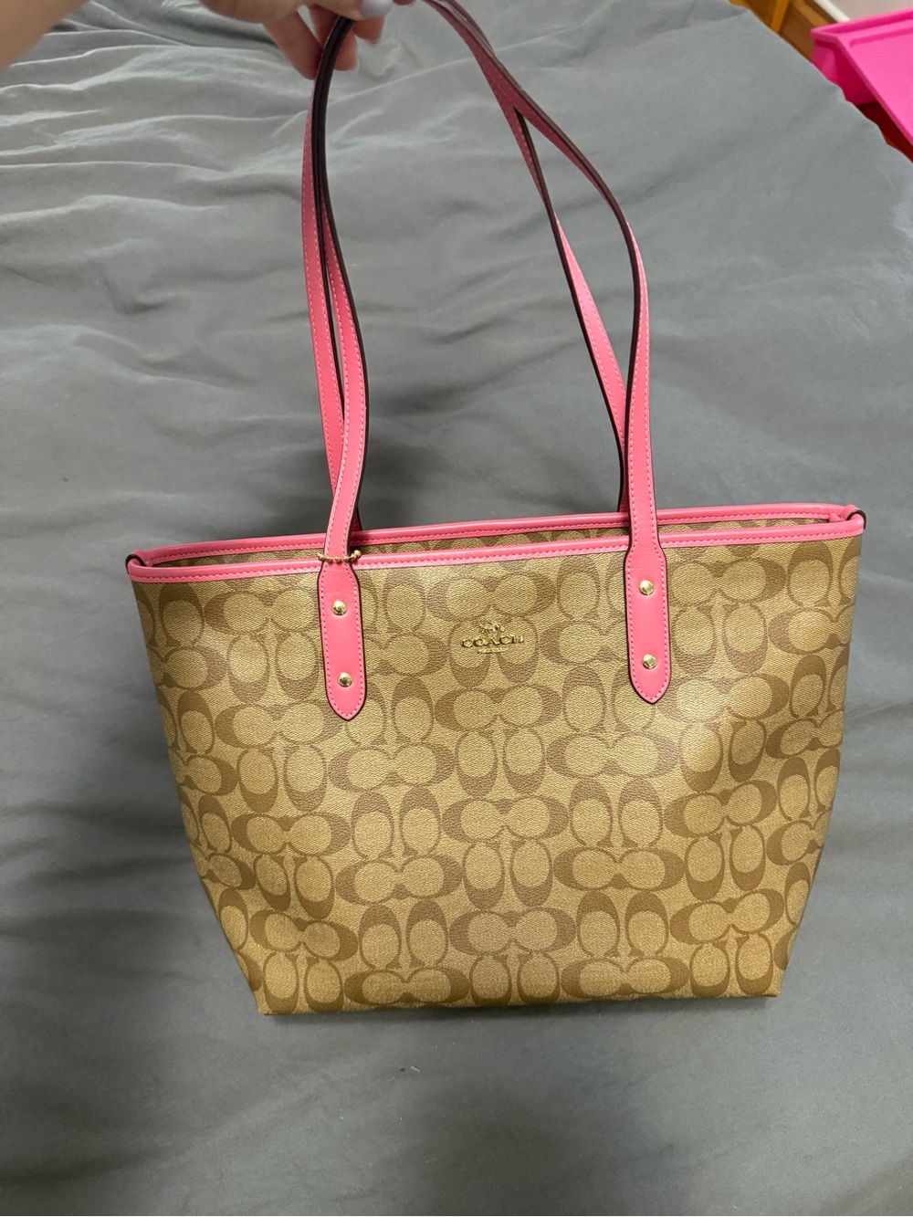 Coach Tan Signature Canvas Tote with Pink Trim